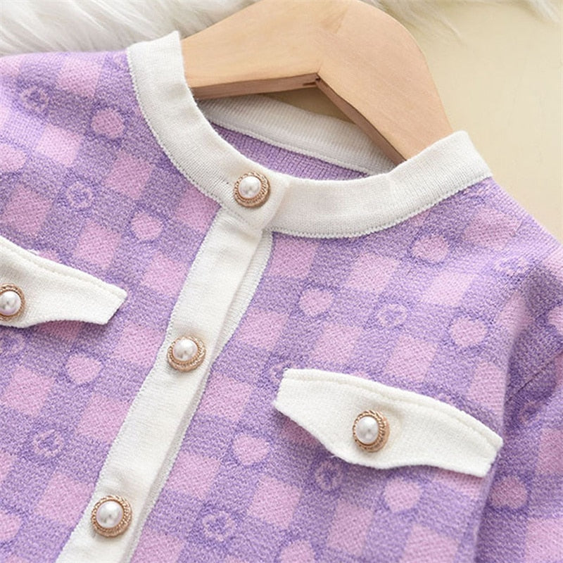 Conjunto Infantil Cárdigan Perlas + Falda Pajarita