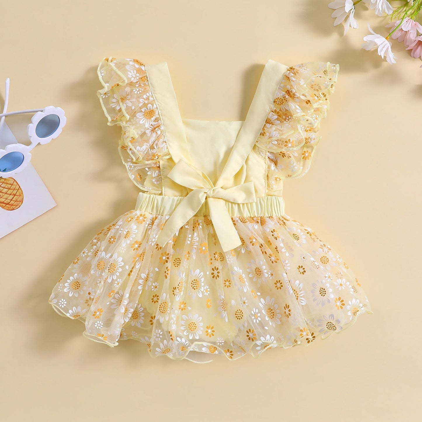 Mameluco Escote cuadrado Estampado floral Lazo Tul