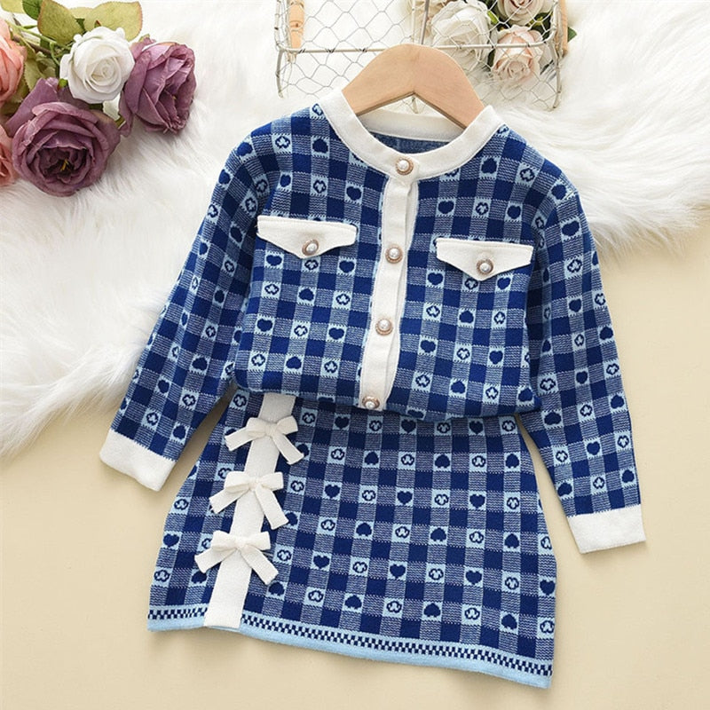 Conjunto Infantil Cárdigan Perlas + Falda Pajarita