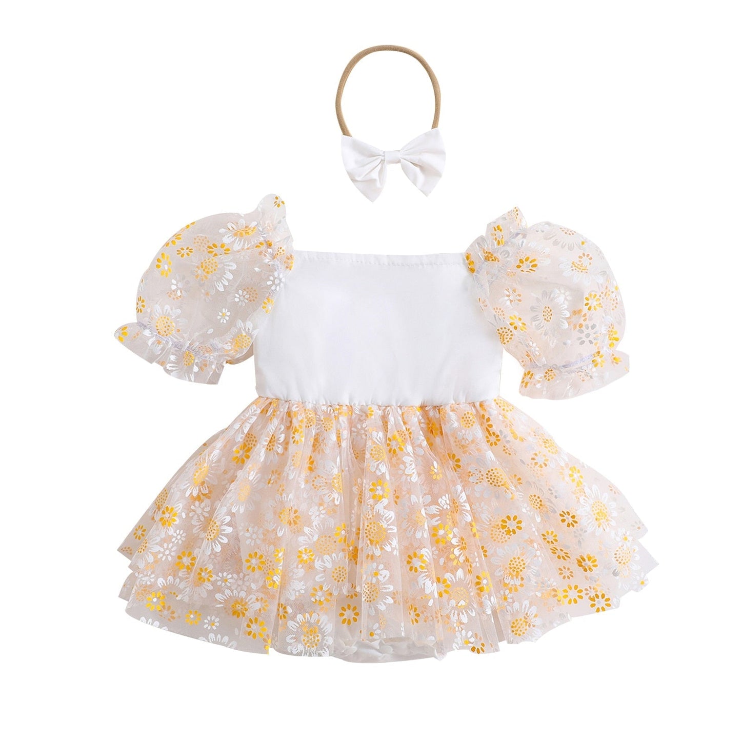 Vestido mameluco con estampado de margaritas y manga corta abullonada