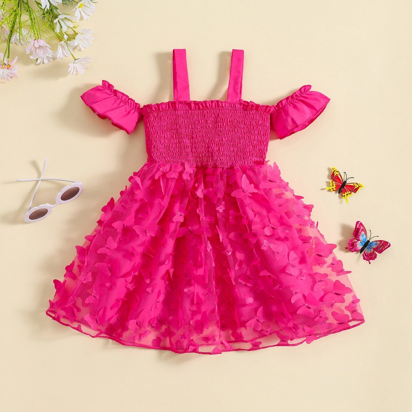 Vestido Manga Corta 3D Mariposa Tul