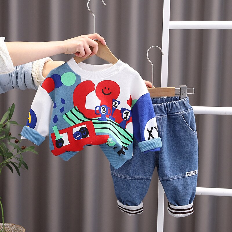 Conjunto de sudadera con jeans lavados con pulpo para niños de 2 piezas