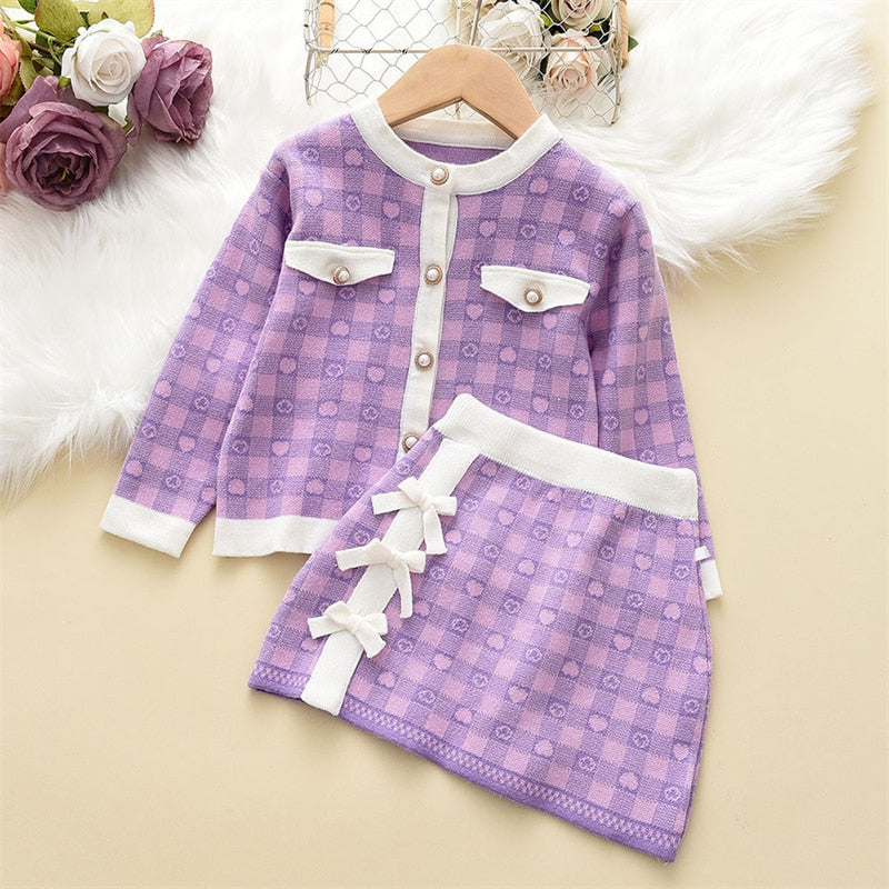 Conjunto Infantil Cárdigan Perlas + Falda Pajarita