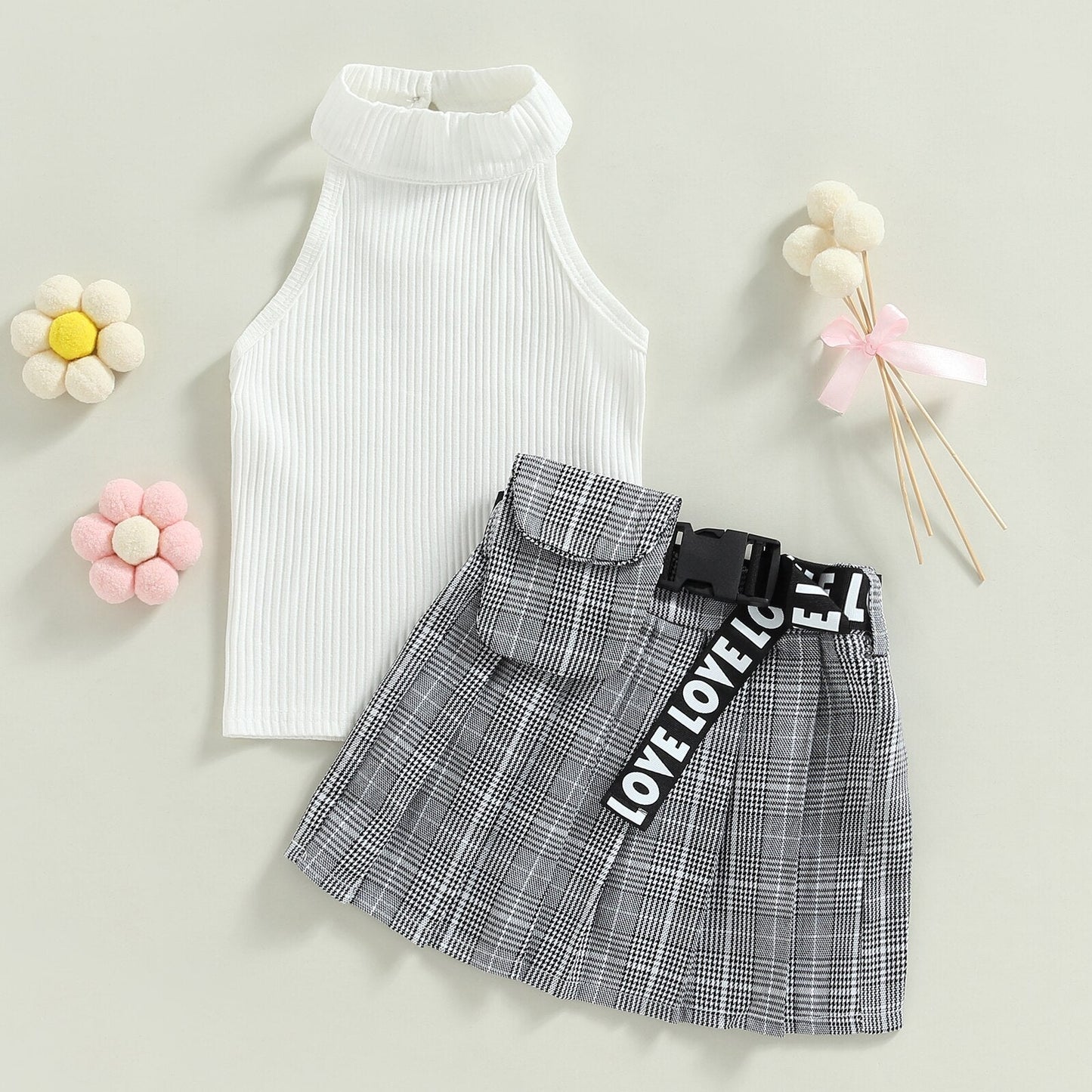 Conjunto de verano, chaleco acanalado liso sin mangas con cuello alto + falda plisada a cuadros + riñonera