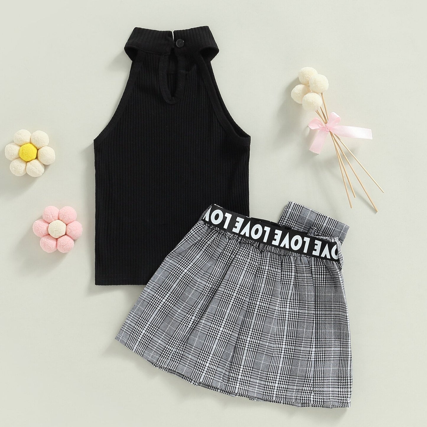 Conjunto de verano, chaleco acanalado liso sin mangas con cuello alto + falda plisada a cuadros + riñonera