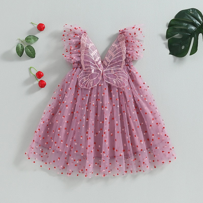 Vestido Manga Corta Estampado Lunares Decoración Mariposa Tul