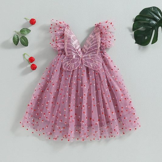 Vestido Manga Corta Estampado Lunares Decoración Mariposa Tul