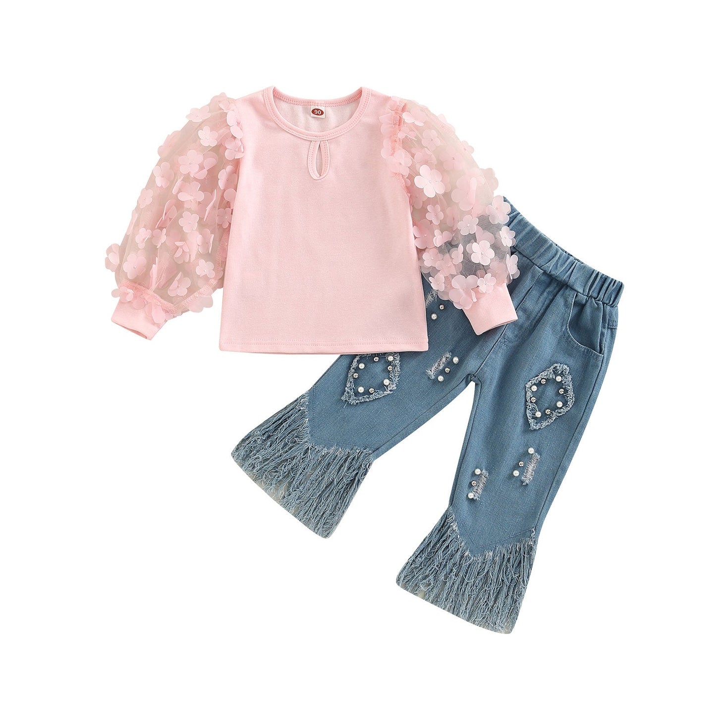 Conjunto de traje de primavera y otoño para niños pequeños, camisetas de malla de manga larga, camisa + pantalones acampanados con borlas de mezclilla