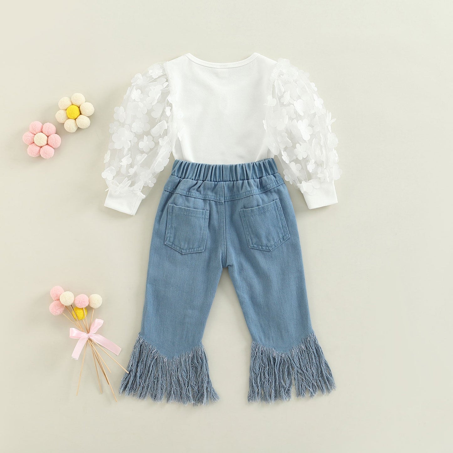 Conjunto de traje de primavera y otoño para niños pequeños, camisetas de malla de manga larga, camisa + pantalones acampanados con borlas de mezclilla