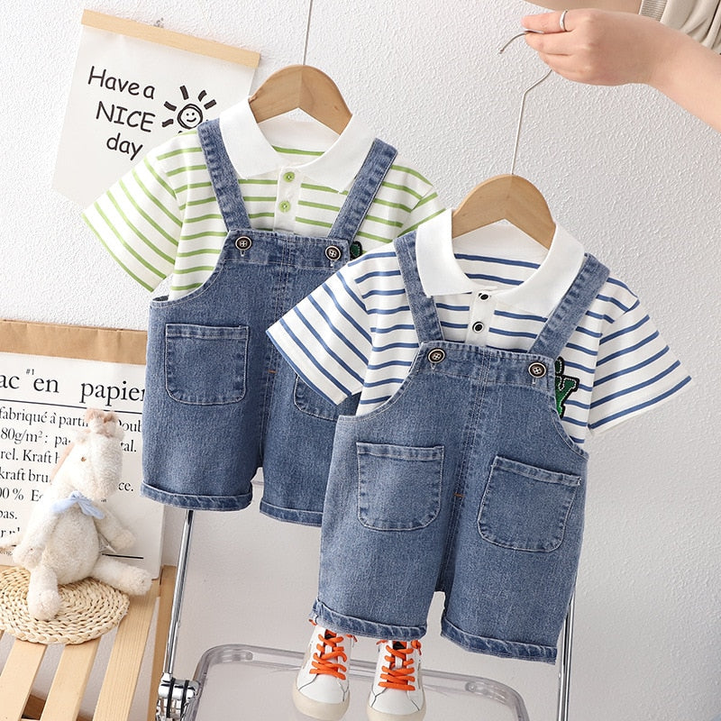 Conjunto Infantil Peto Jeans Camisa Rayas