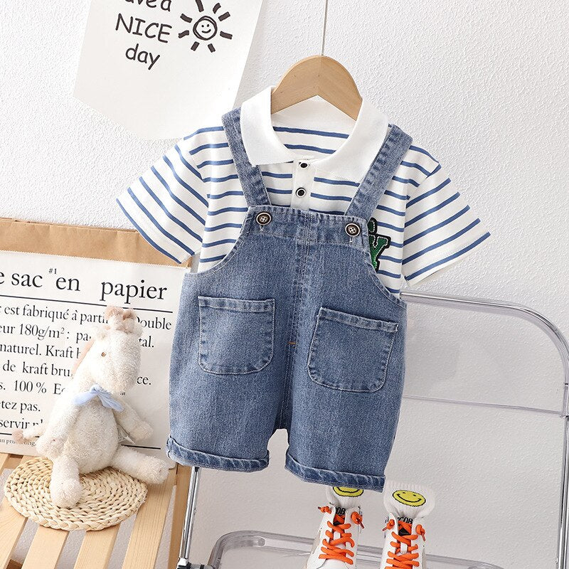 Conjunto Infantil Peto Jeans Camisa Rayas