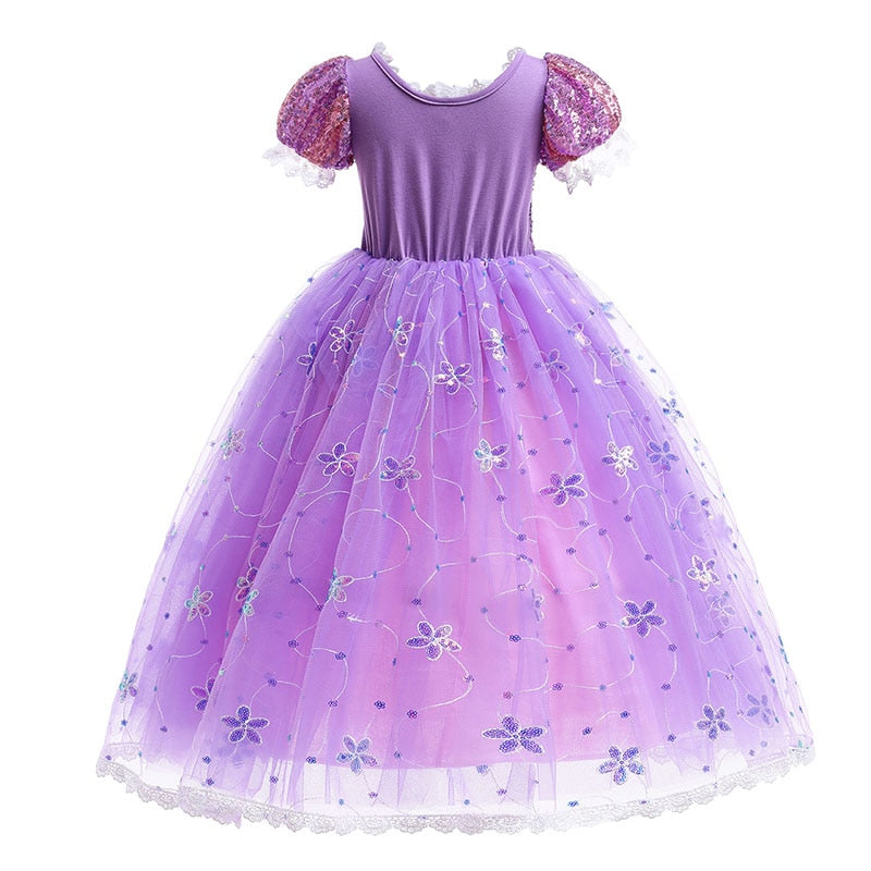 Vestido de fiesta infantil con flores moradas