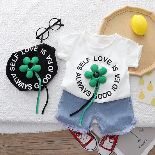 Conjunto de ropa de 2 piezas Camisetas de manga corta con letras de flores en 3D