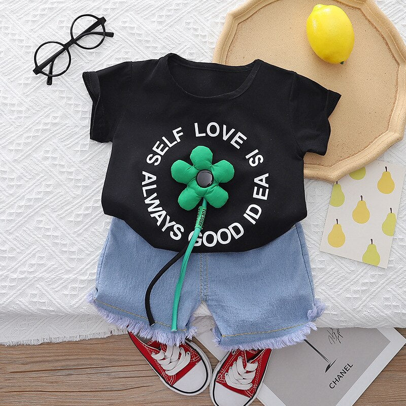 Conjunto de ropa de 2 piezas Camisetas de manga corta con letras de flores en 3D