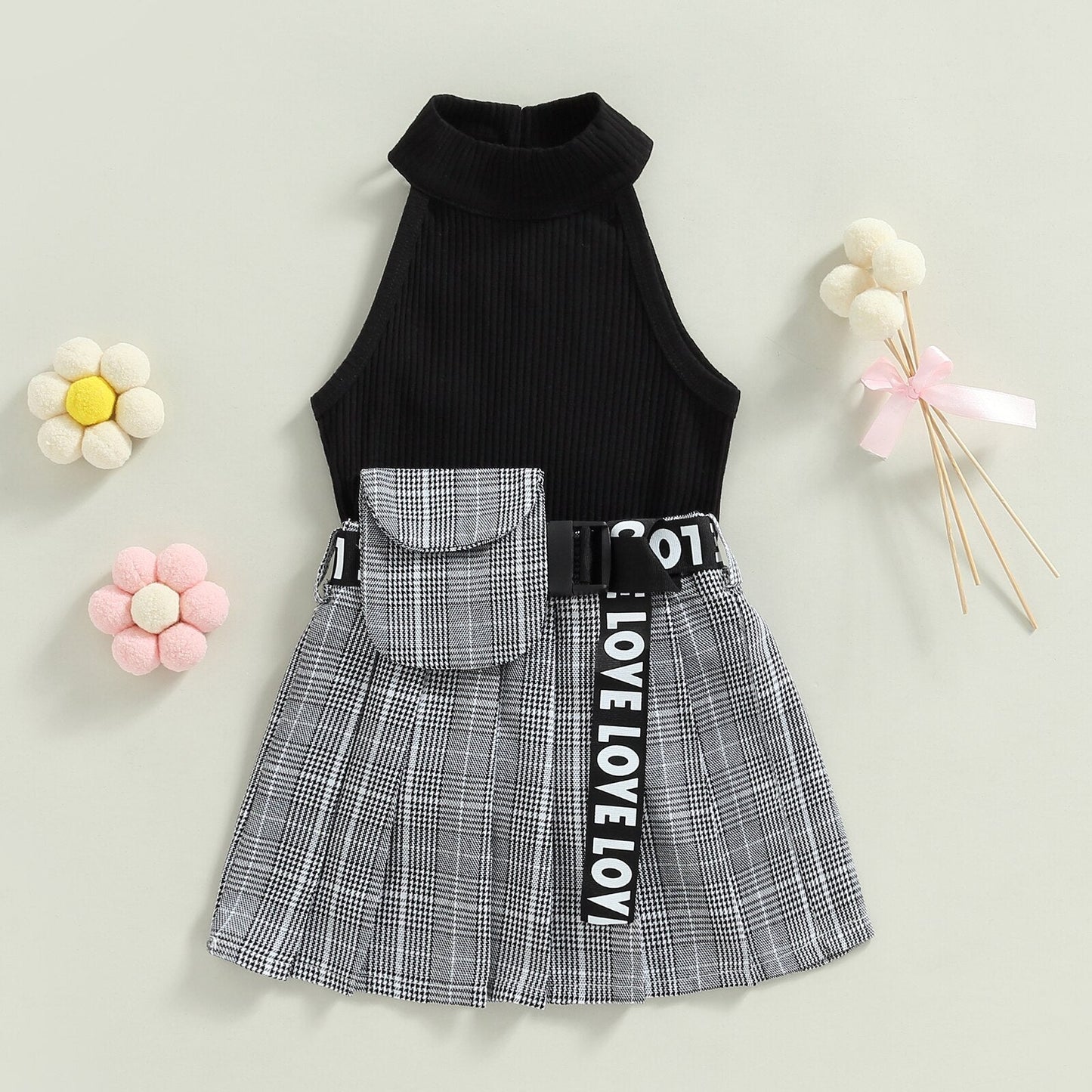 Conjunto de verano, chaleco acanalado liso sin mangas con cuello alto + falda plisada a cuadros + riñonera