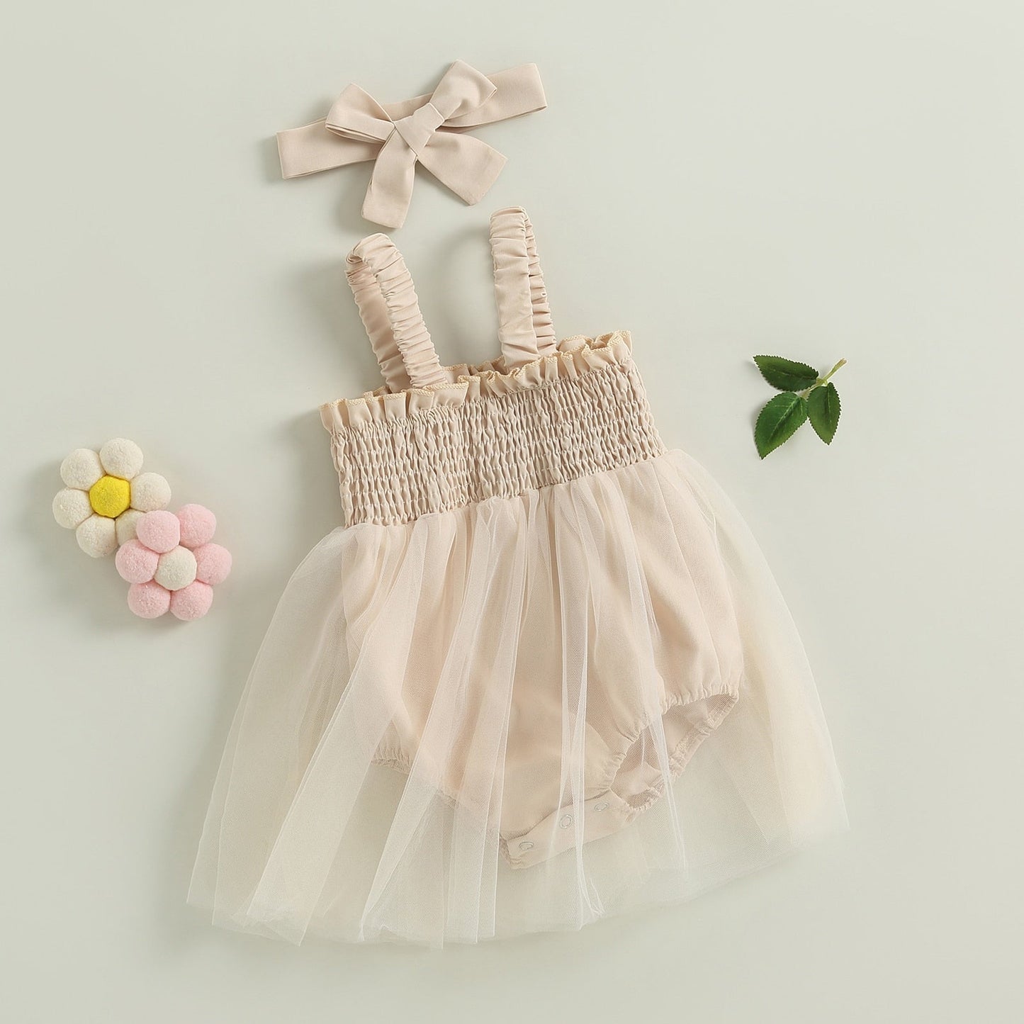 Vestido mameluco fruncido sin mangas de tul con diadema, conjunto de 2 piezas