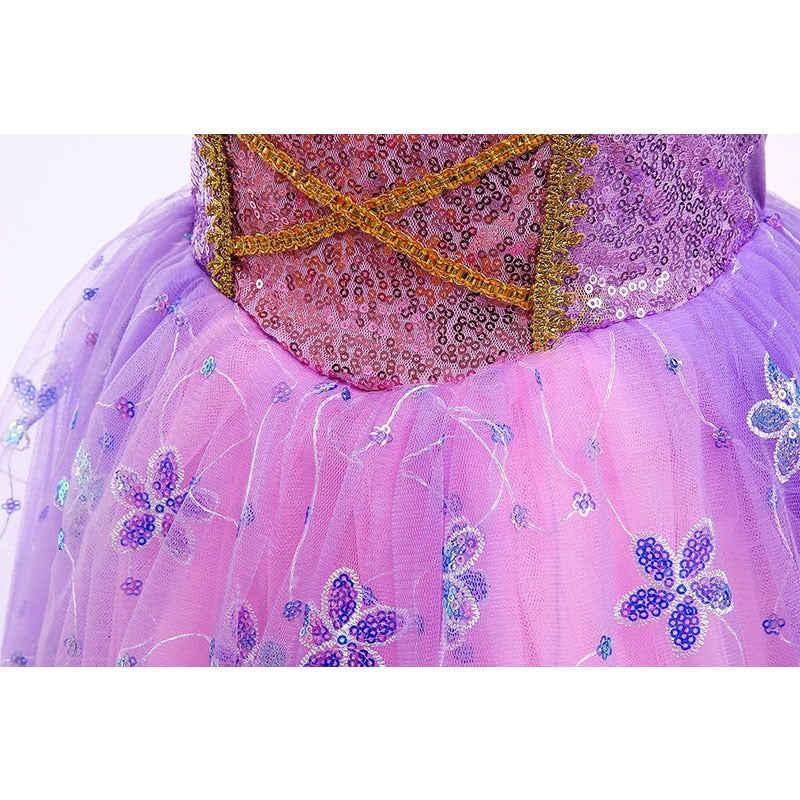 Vestido de fiesta infantil con flores moradas