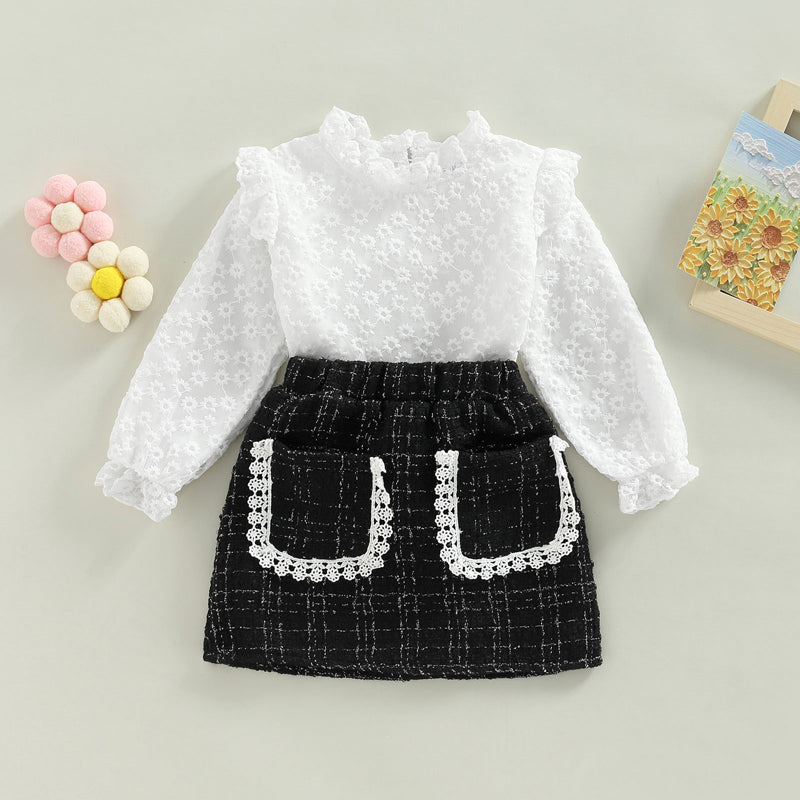 Conjunto Camisa Manga Larga Cuello Redondo Encaje Floral + Patchwork Encaje