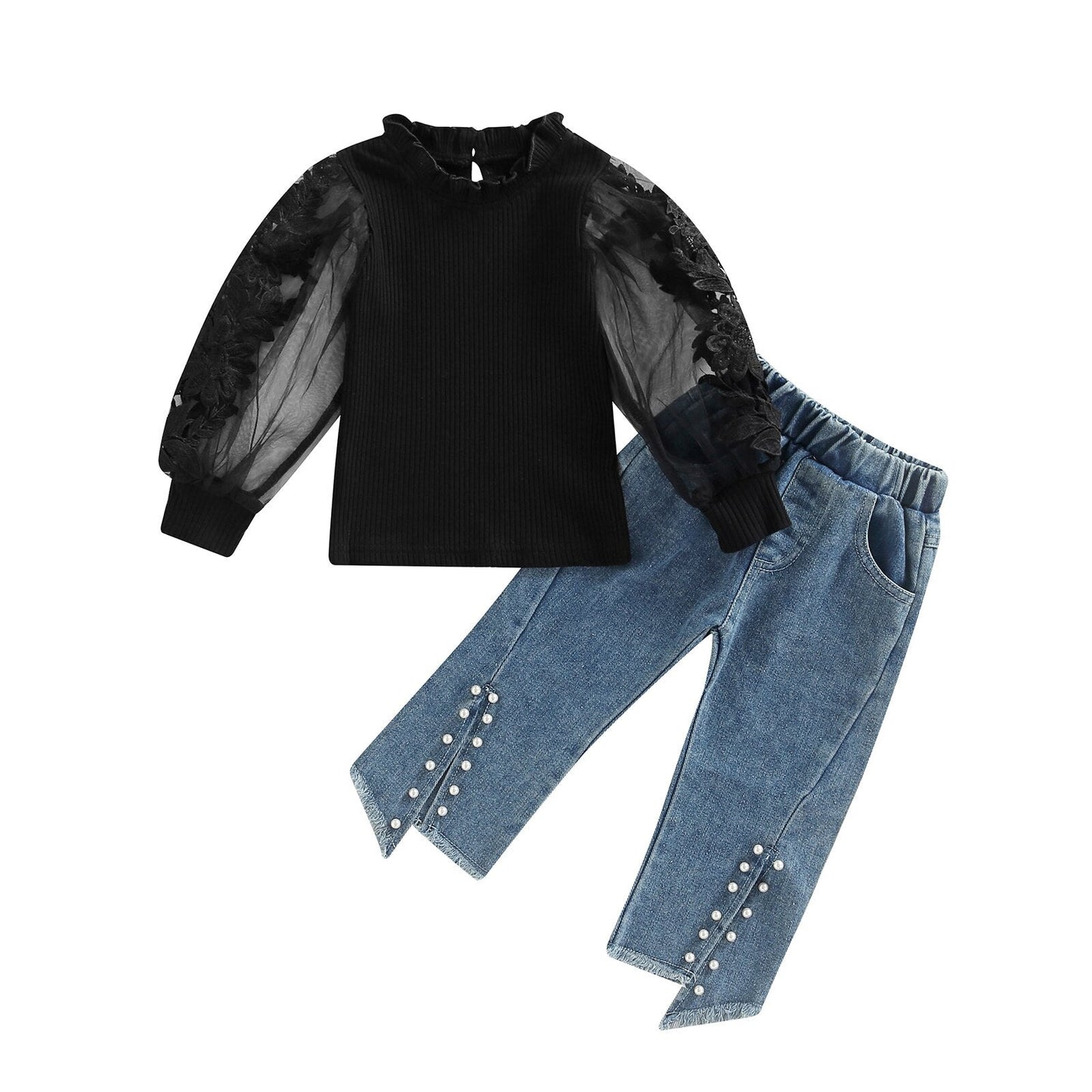 Conjunto de 2 piezas, pantalones vaqueros con abertura de flores y manga larga, pantalones con cuentas, traje de otoño