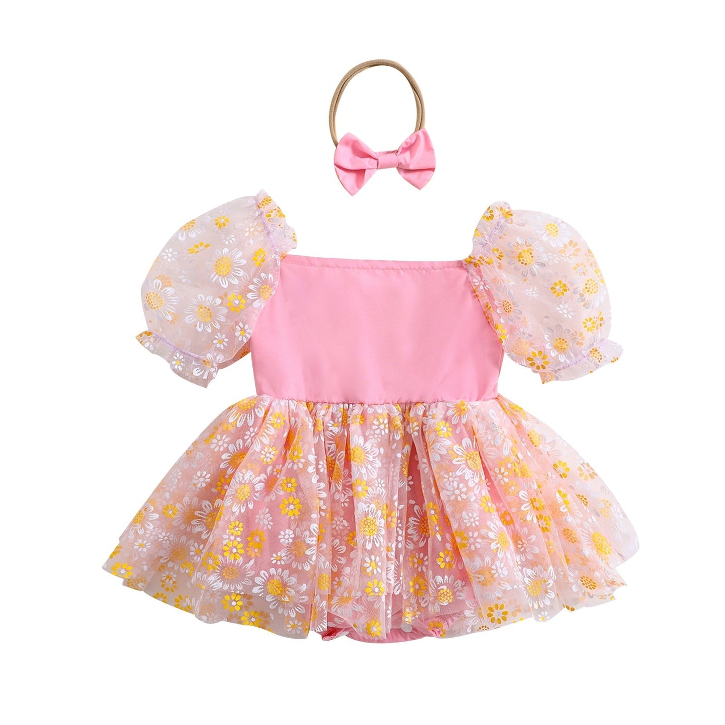 Vestido mameluco con estampado de margaritas y manga corta abullonada