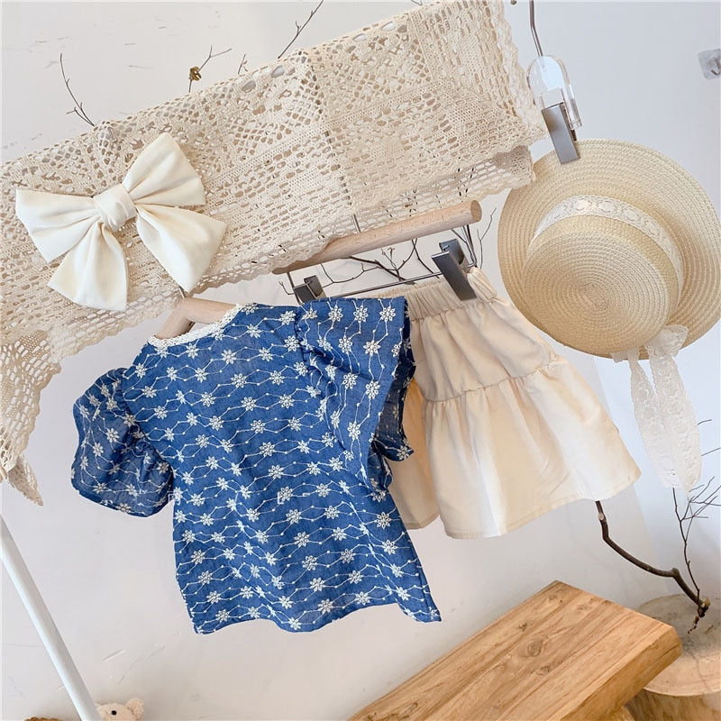 Conjunto de camisa y falda de flores con mangas con volantes de moda de verano