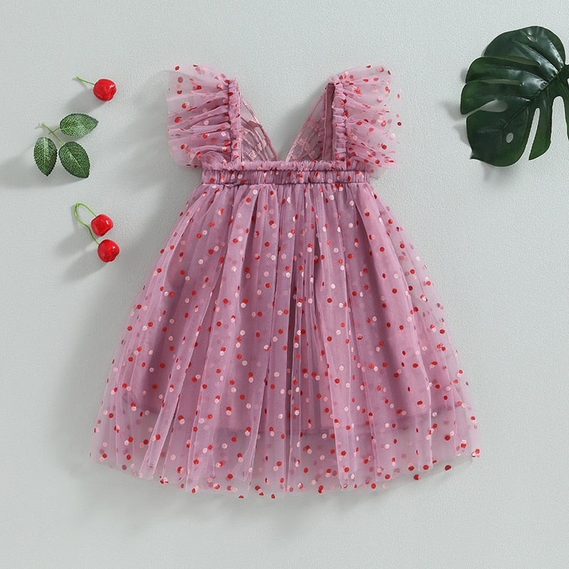 Vestido Manga Corta Estampado Lunares Decoración Mariposa Tul