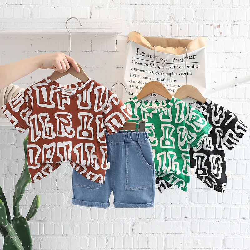 Conjunto Infantil Pantalón Corto Jeans con Camiseta Letras