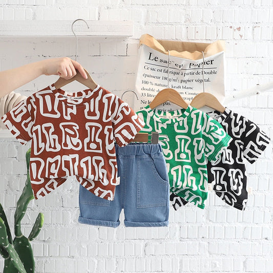 Conjunto Infantil Pantalón Corto Jeans con Camiseta Letras