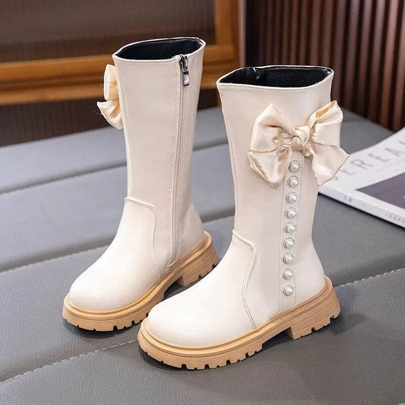 Botas altas PU perlas con lazo antideslizante moda niños elegantes botas de princesa