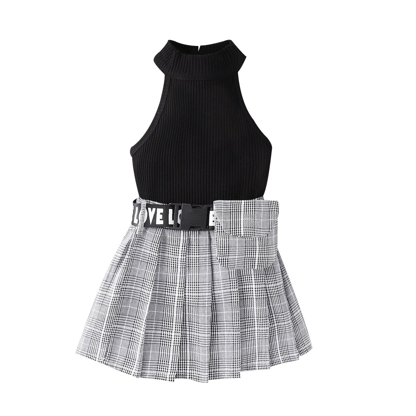 Conjunto de verano, chaleco acanalado liso sin mangas con cuello alto + falda plisada a cuadros + riñonera