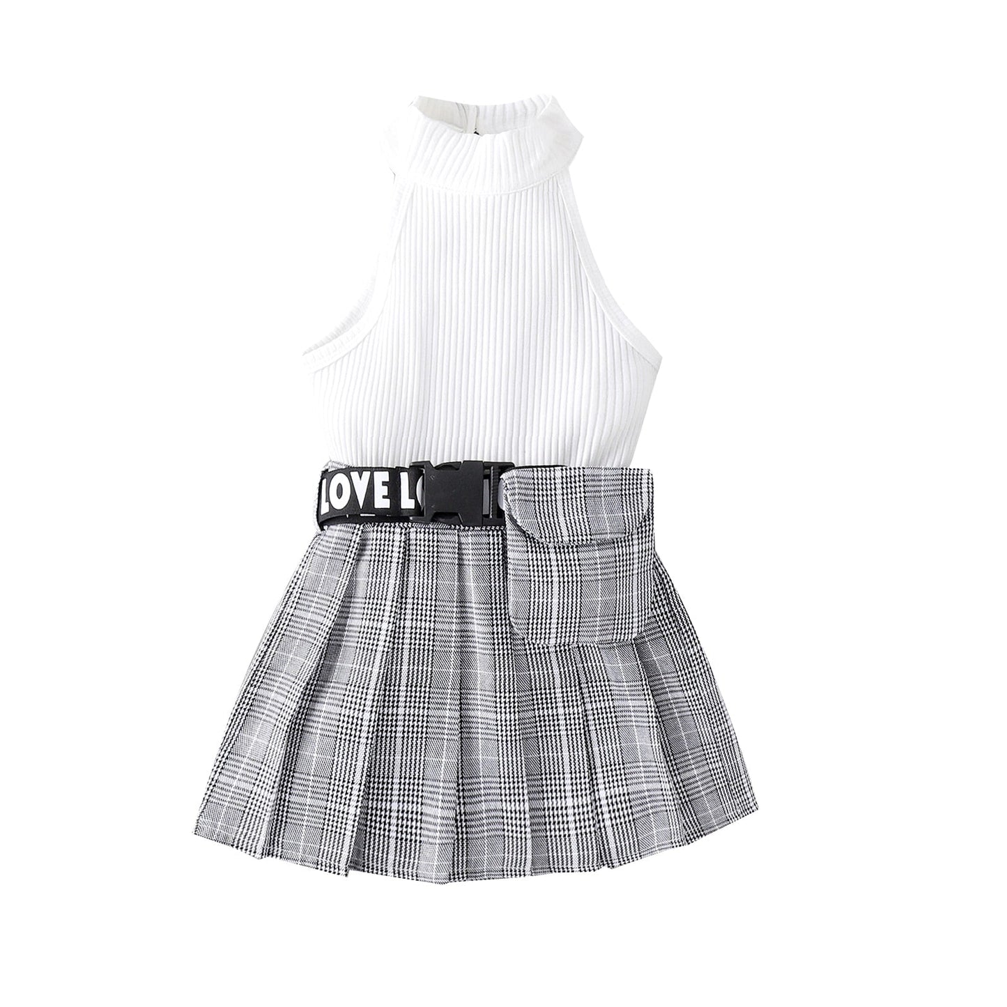 Conjunto de verano, chaleco acanalado liso sin mangas con cuello alto + falda plisada a cuadros + riñonera