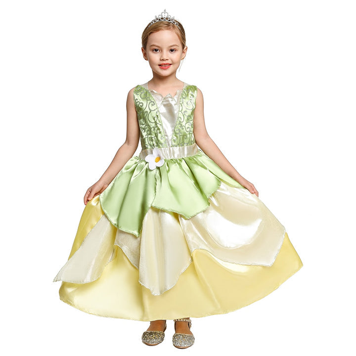 Vestido de fiesta infantil con flores verdes