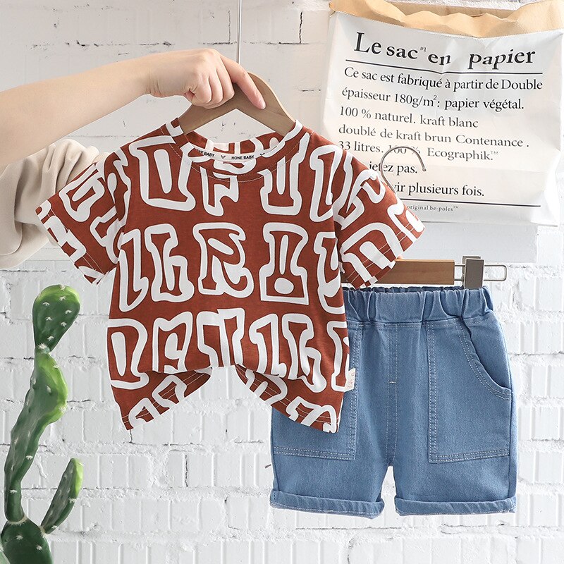 Conjunto Infantil Pantalón Corto Jeans con Camiseta Letras