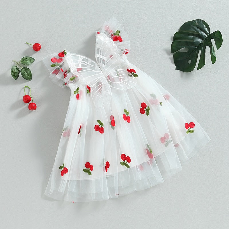 Vestido de tul con estampado de cerezas Vestido de mariposa para niños pequeños