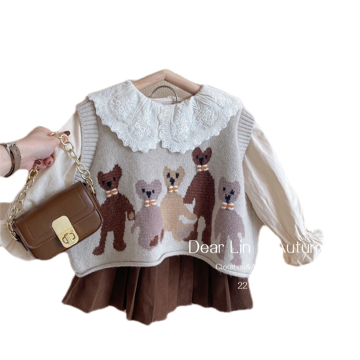 Conjunto Falda Plisada + Suéter Chaleco De Gato + Camisa Conjuntos De 3 Piezas Para Niños