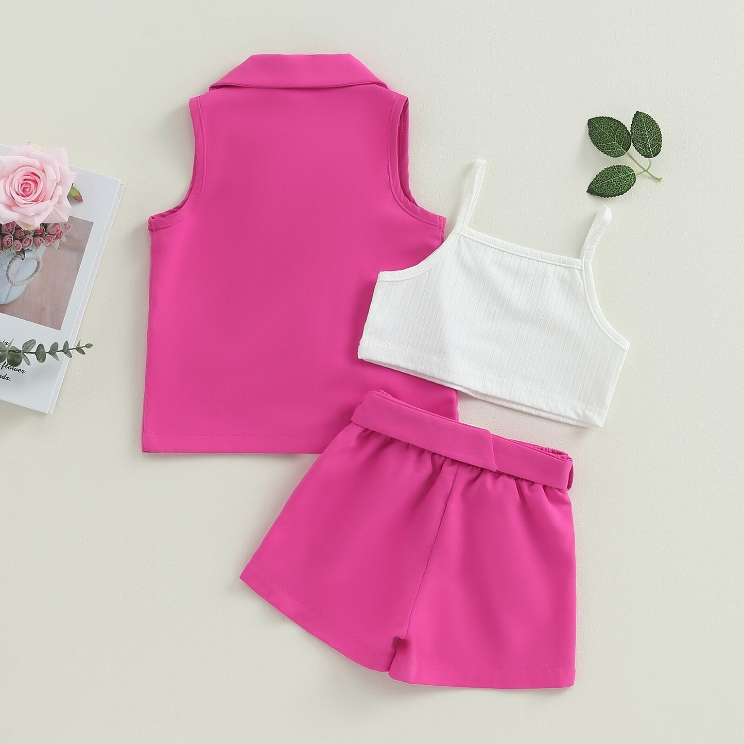 Conjuntos de verano de 3 piezas: blazer + tops tipo camisola + pantalones cortos con cinturón 2-7T