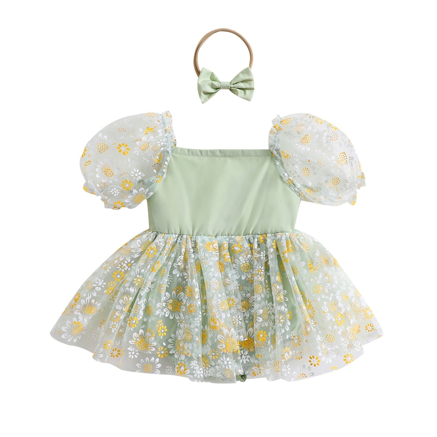 Vestido mameluco con estampado de margaritas y manga corta abullonada