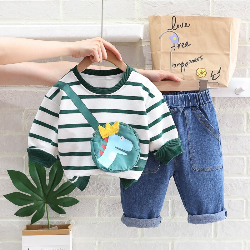 Conjunto de manga larga a rayas con aplique de bolso