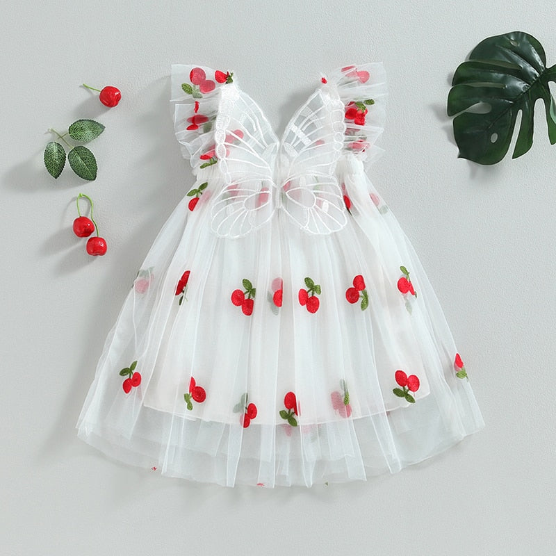 Vestido de tul con estampado de cerezas Vestido de mariposa para niños pequeños