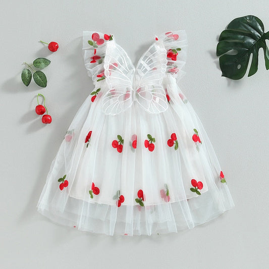 Vestido de tul con estampado de cerezas Vestido de mariposa para niños pequeños