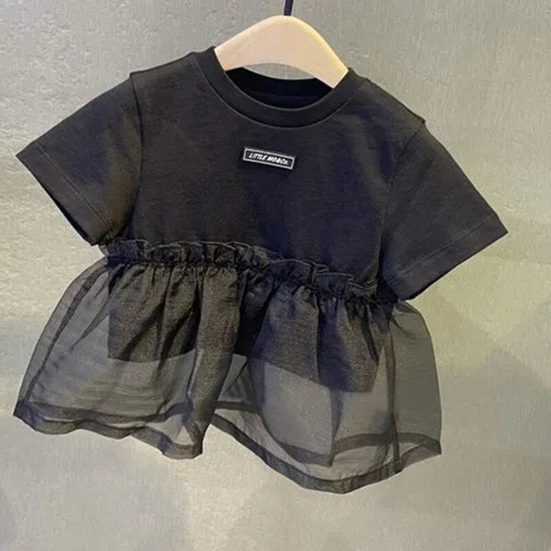 Camiseta para niños Top de manga corta de malla con retales para niñas de verano