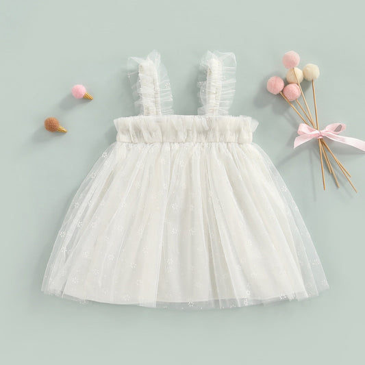 Vestido lencero de estilo dulce para niñas pequeñas, encaje sin mangas con estampado de pétalos de color sólido para niños pequeños ancho