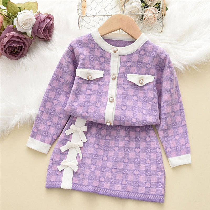 Conjunto Infantil Cárdigan Perlas + Falda Pajarita