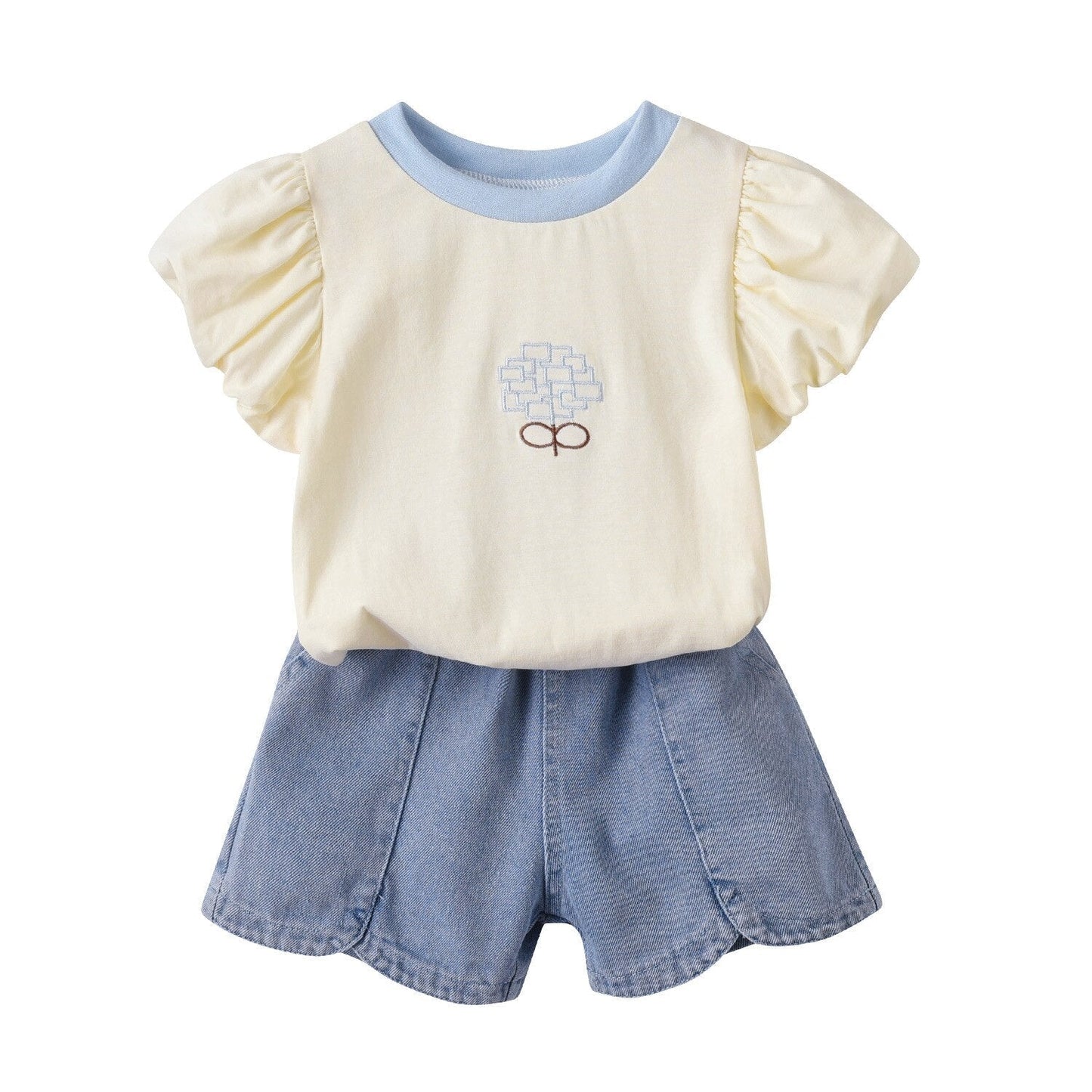 Conjunto Infantil Camiseta Manga Abullonada + Short Jeans