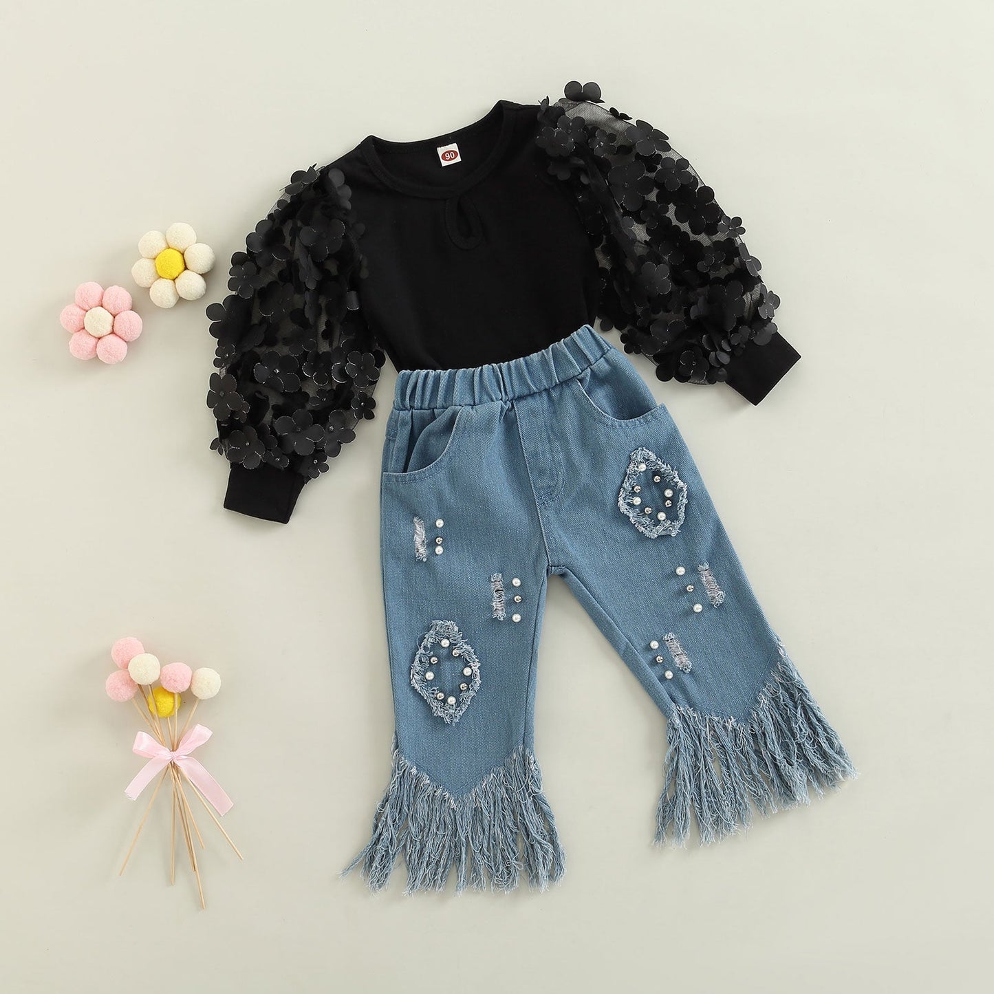 Conjunto de traje de primavera y otoño para niños pequeños, camisetas de malla de manga larga, camisa + pantalones acampanados con borlas de mezclilla