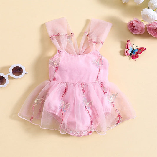 Vestido mameluco, sin mangas, bordado, mariposa, tul