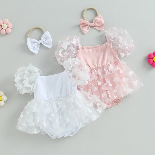 Vestido de mariposa mameluco con diadema con lazo conjunto de ropa de verano