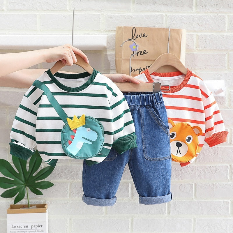 Conjunto de manga larga a rayas con aplique de bolso