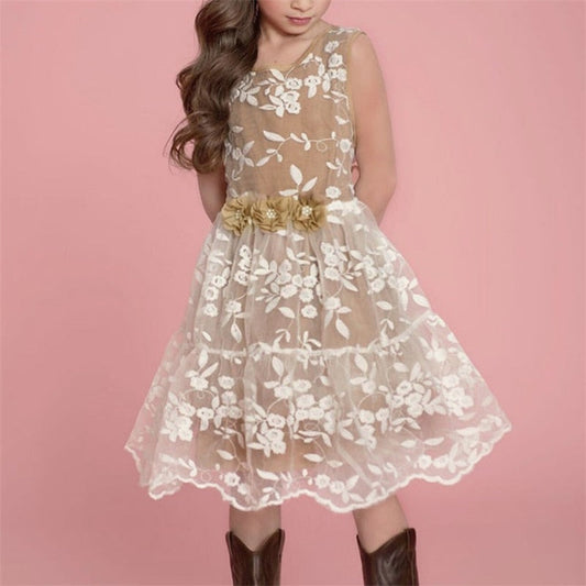 Vestido de princesa caqui sin mangas cuello redondo encaje floral