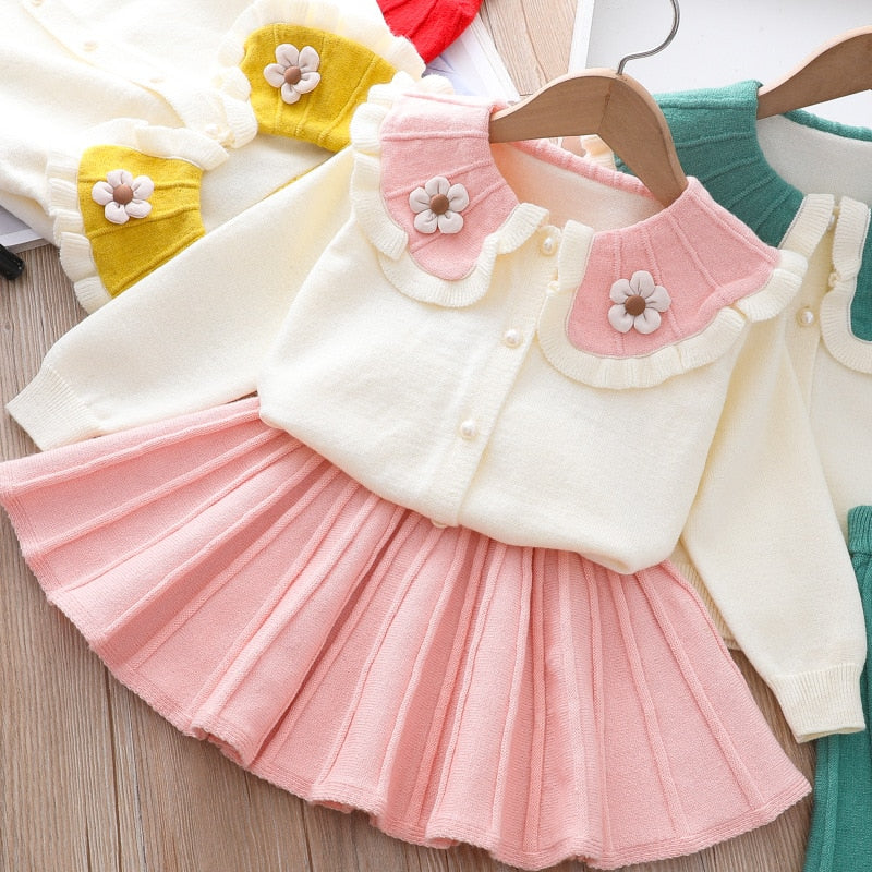 Conjunto De Suéter Suéter De Flores Tricolor Falda Plisada